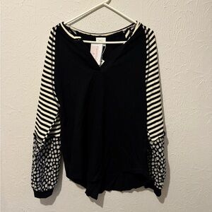 Black and White Striped Women's Top With Daisy Arm Detail